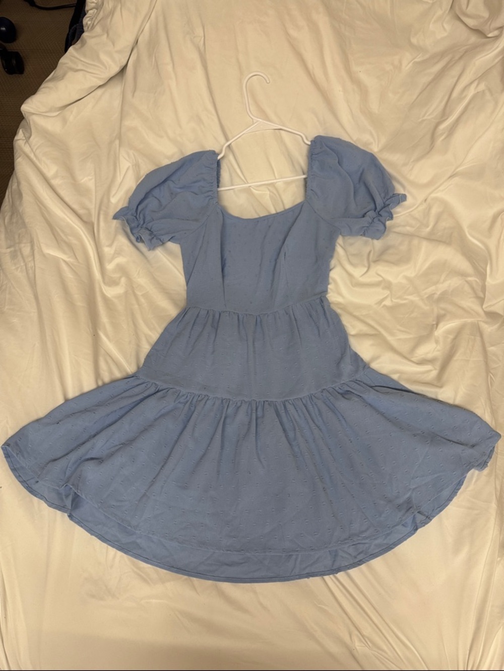 Light Blue Puff Sleeve Tiered Dress